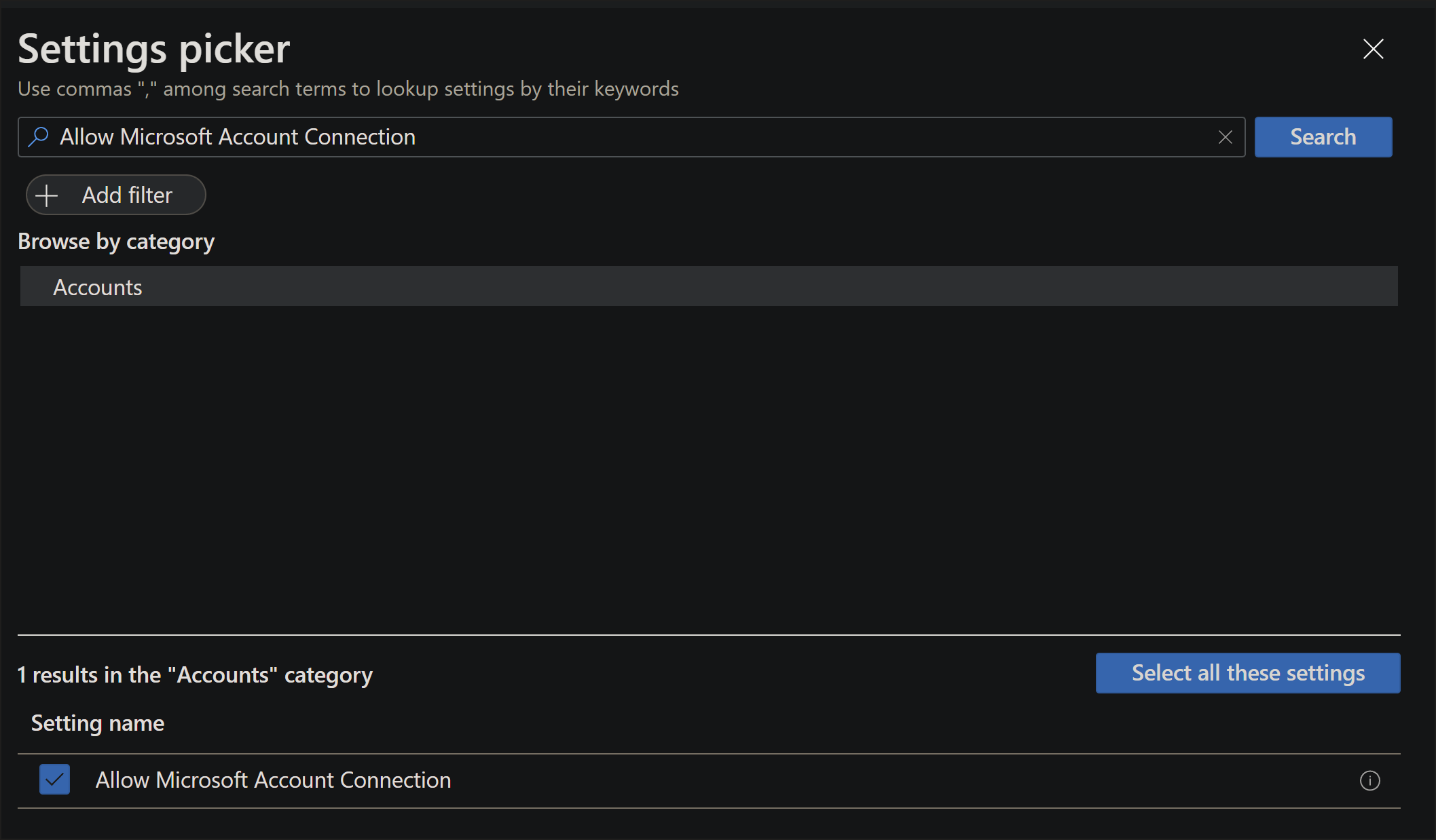 Captura de pantalla de la opción selector de configuración.