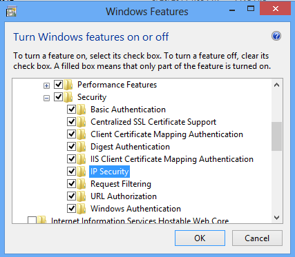 Screenshot showing Windows Features window with I P Security selected.