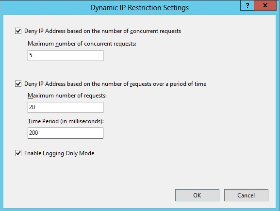 Screenshot showing the Dynamic I P Restrictions Settings dialog box with Deny I P Address based on the number of concurrent requests selected.