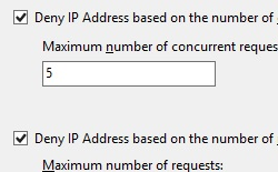 Screenshot of the Actions pane showing the Deny I P Address based on the number of requests over a period of time field.