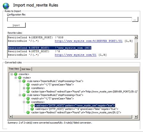 Captura de pantalla de un nodo seleccionado en la vista árbol de las reglas convertidas.