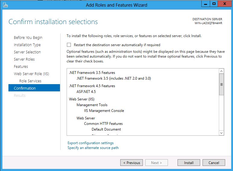 Captura de pantalla de Confirmar selecciones de instalación que muestran una lista de todas las características que se instalan si los cambios aceptados con confirmación resaltados.
