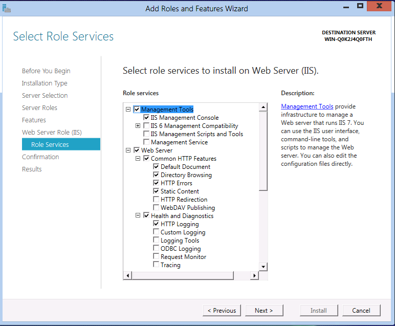 Captura de pantalla de la lista Servicios de rol para seleccionar e instalar en el servidor web I I S con la herramienta de administración resaltada.