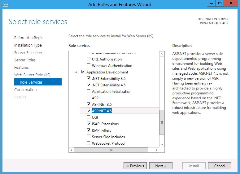 Captura de pantalla de la lista de características de Servicios de rol con un punto S P NET 4 punto 5 activado y resaltado.