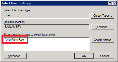 Captura de pantalla del cuadro de diálogo Seleccionar usuario o grupo. No Administración Usuario se escribe y se resalta en el cuadro de texto Escriba el nombre del objeto para seleccionar.