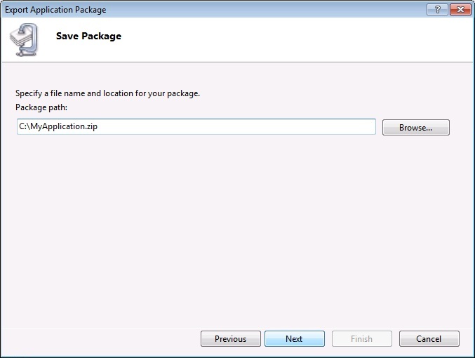 Captura de pantalla del cuadro de diálogo Guardar paquete que muestra la ruta de acceso del paquete.