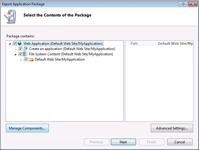 Captura de pantalla del cuadro de diálogo Exportar paquete de aplicación con el foco en la opción Administrar componentes.