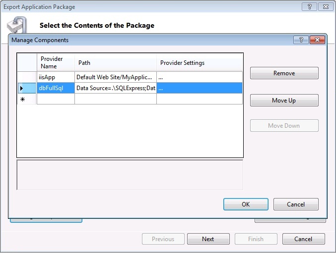 Captura de pantalla de la pantalla Administrar componentes con la ruta de acceso a una base de datos en la columna Ruta de acceso.