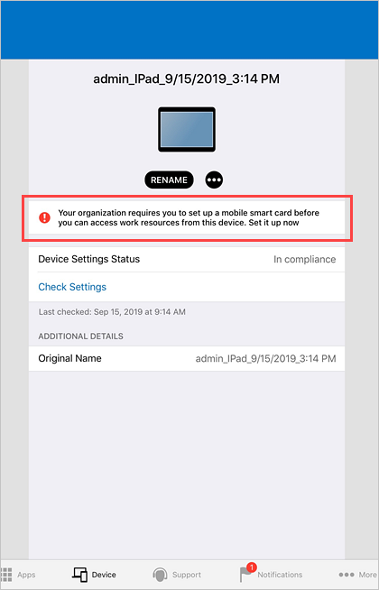 Captura de pantalla de ejemplo de la notificación de inserción de Portal de empresa en la pantalla principal del dispositivo.