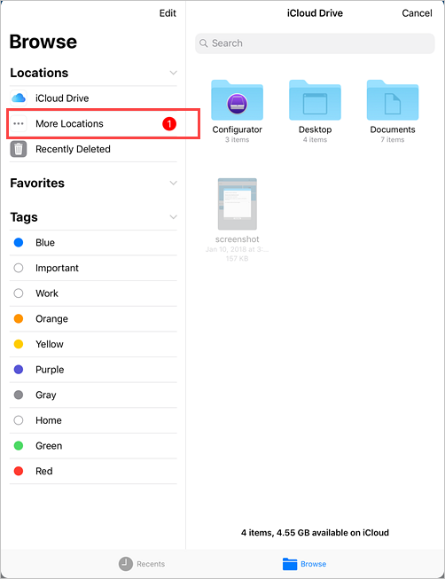 Captura de pantalla de ejemplo de iCloud Drive, menú Examinar que resalta la opción Más ubicaciones.