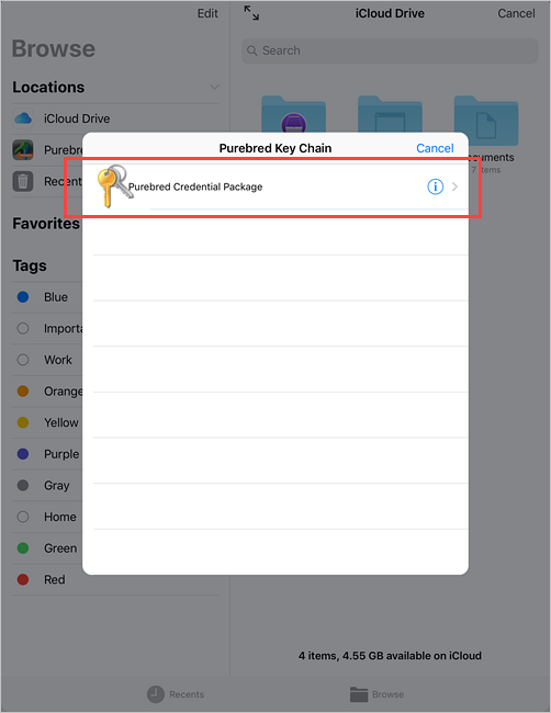 Captura de pantalla de ejemplo de una pantalla de iOS con una opción de paquete de credenciales purebred seleccionable.