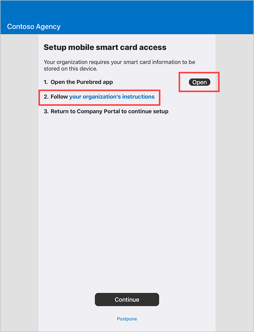 Captura de pantalla de ejemplo de la pantalla de acceso Portal de empresa Configurar tarjeta inteligente móvil.