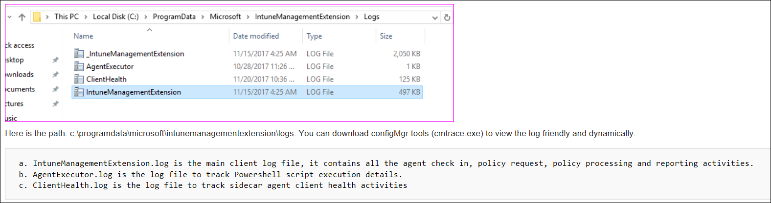 Captura de pantalla o registros de agente de CMTrace de muestra en Microsoft Intune