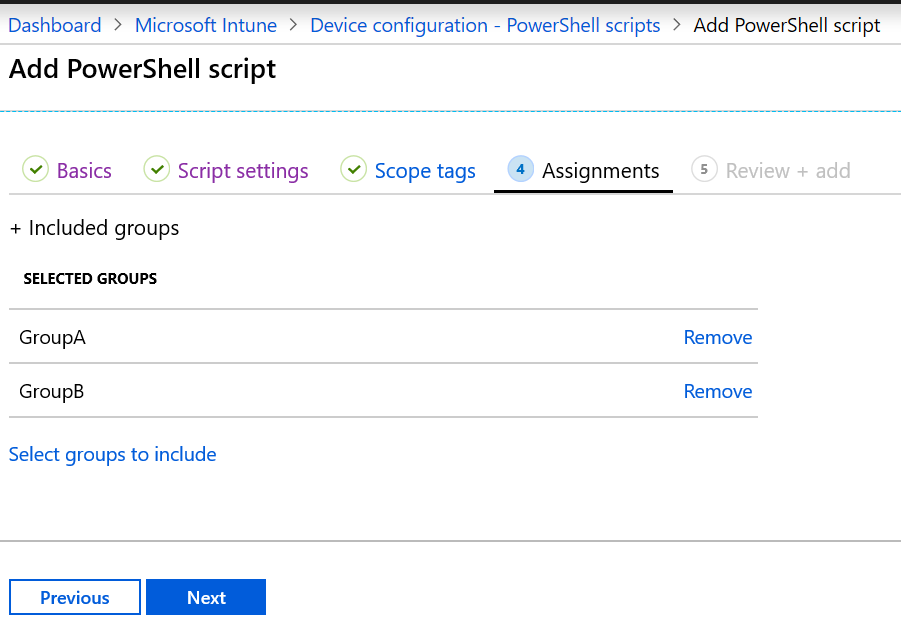 Asigne o implemente el script de PowerShell a grupos de dispositivos en Microsoft Intune