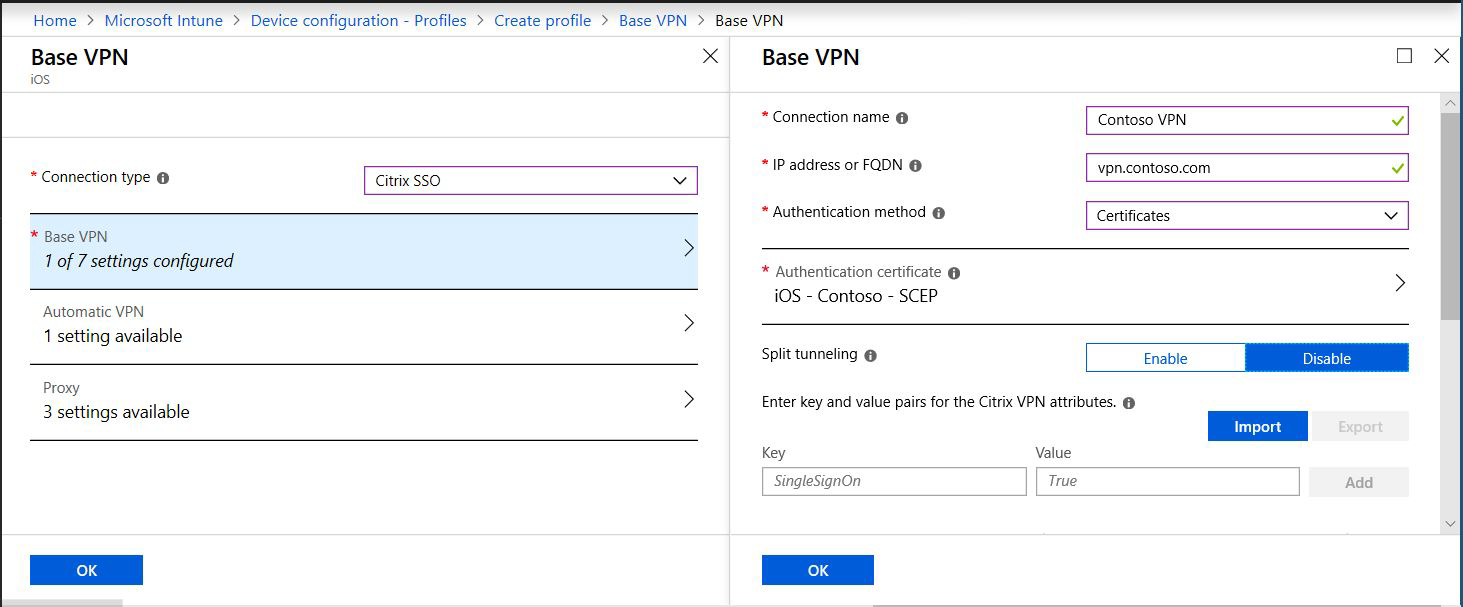 Captura de pantalla que muestra un perfil de VPN por aplicación, una dirección IP o un FQDN, un método de autenticación y una tunelización dividida en Microsoft Intune y el Centro de administración de Intune.