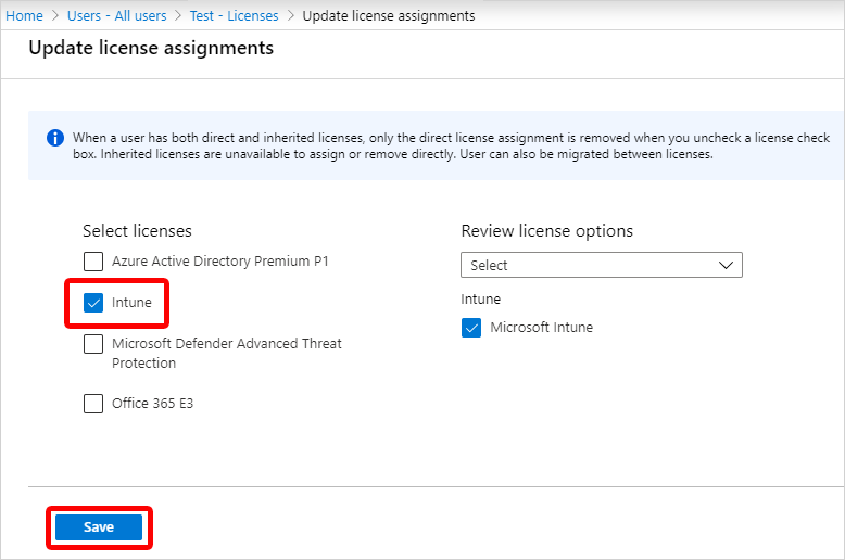 Captura de pantalla de la sección de licencias de productos del Centro de administración de Microsoft 365.