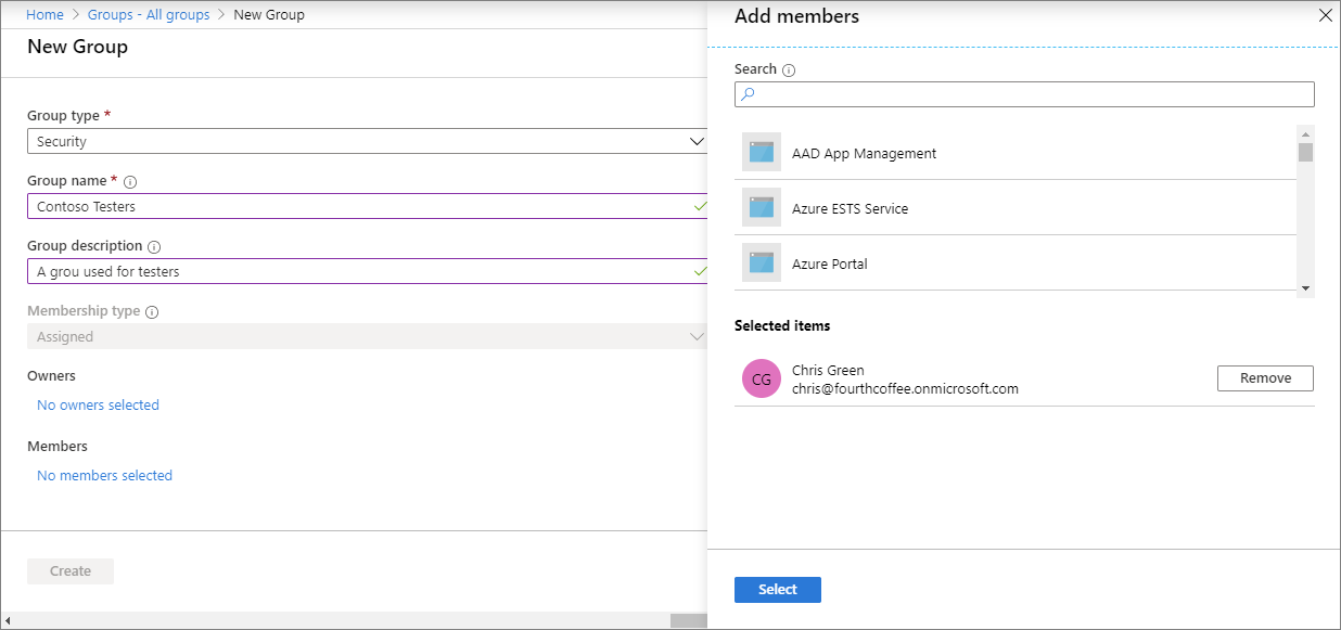 Captura de pantalla de creación de un grupo en Microsoft Intune