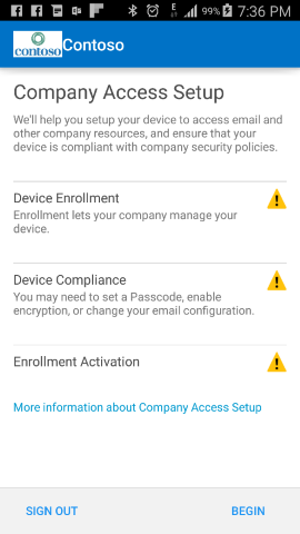 Captura de pantalla que muestra la aplicación del Portal de empresa para Android antes de la actualización, pantalla Conditional Access email activation (Activación del correo electrónico de acceso condicional).