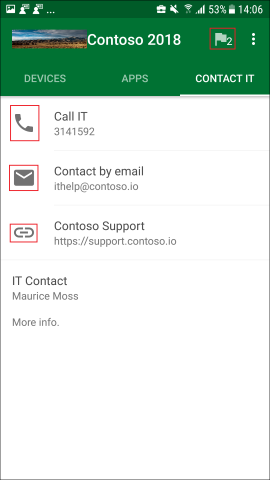 Captura de pantalla que muestra la aplicación del Portal de empresa para Android, pantalla ID. CONTACT I D (I D. DE CONTACTO), actualizada.