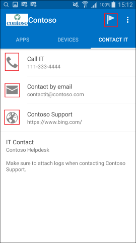Captura de pantalla que muestra la aplicación del Portal de empresa para Android, pantalla I CONTACT I D (I D. DE CONTACTO).