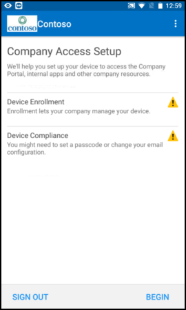 Captura de pantalla que muestra la aplicación del Portal de empresa para texto de Android antes de la actualización, pantalla Configuración de acceso a la empresa.