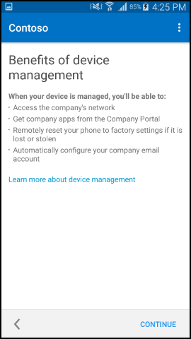Captura de pantalla que muestra la aplicación del Portal de empresa para texto de Android después de la actualización, pantalla Benefits of device management (Ventajas de la administración de dispositivos).