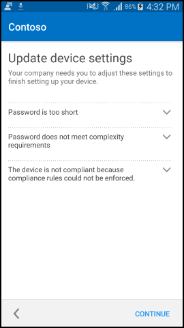 Captura de pantalla que muestra la aplicación del Portal de empresa para texto de Android después de la actualización, pantalla Actualizar configuración del dispositivo.