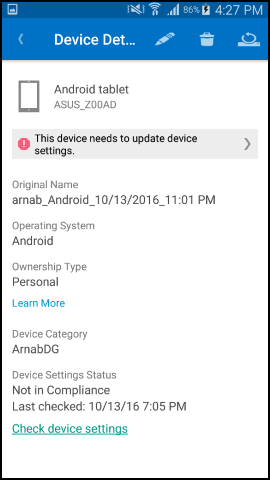 Captura de pantalla que muestra la aplicación del Portal de empresa para texto de Android después de la actualización, pantalla Detalles del dispositivo.