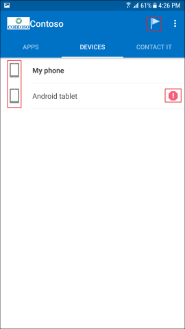 Captura de pantalla que muestra la aplicación del Portal de empresa para Android, pantalla DISPOSITIVOS.