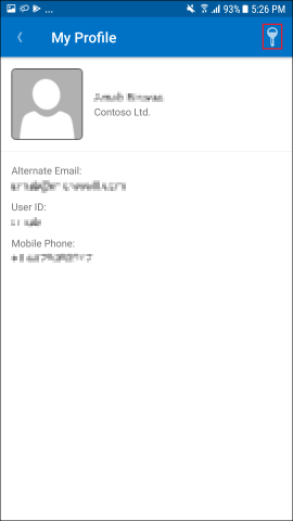 Captura de pantalla que muestra la aplicación del Portal de empresa para Android, pantalla Mi perfil.