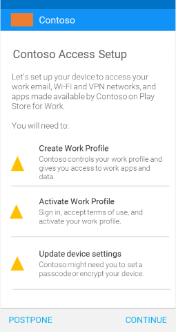 Captura de pantalla que muestra la aplicación del Portal de empresa para dispositivos con perfil de trabajo de Android después de la actualización, pantalla Access Setup (Configuración de acceso).