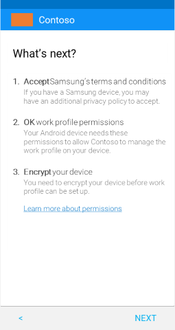Captura de pantalla que muestra la aplicación del Portal de empresa para dispositivos con perfil de trabajo de Android después de la actualización, pantalla What's next (¿Qué es lo próximo?)