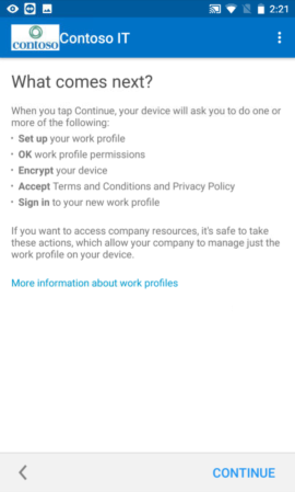 Captura de pantalla que muestra la aplicación del Portal de empresa para dispositivos con perfil de trabajo de Android antes de la actualización, pantalla What comes next (¿Qué viene a continuación?)
