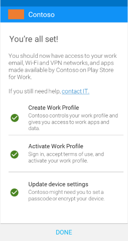 Captura de pantalla que muestra la aplicación del Portal de empresa para dispositivos con perfil de trabajo de Android después de la actualización, pantalla ¡Todo listo!