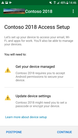 Captura de pantalla que muestra la aplicación del Portal de empresa para Android, pantalla Access Setup (Configuración de acceso), actualizada.