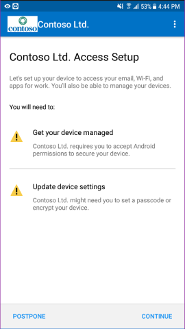 Captura de pantalla que muestra la aplicación del Portal de empresa para Android, pantalla Access Setup (Configuración de acceso).