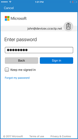 El usuario deberá escribir la contraseña una vez que se acepte la dirección de correo electrónico.