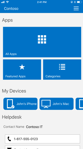 Captura de pantalla que muestra la aplicación del Portal de empresa para i O S / i Pad O S antes de la actualización, Aplicaciones y Mis dispositivos.