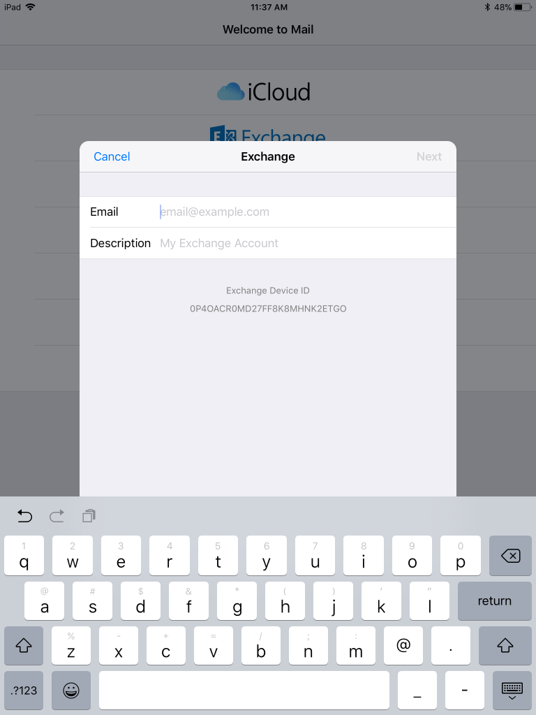 Después de seleccionar Exchange, el dispositivo iOS solicitará el nombre de la cuenta y la dirección de correo electrónico.