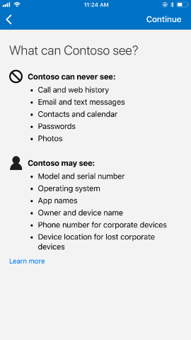 Captura de pantalla que muestra la aplicación del Portal de empresa para i O S / i Pad O S después de la actualización, información de privacidad.