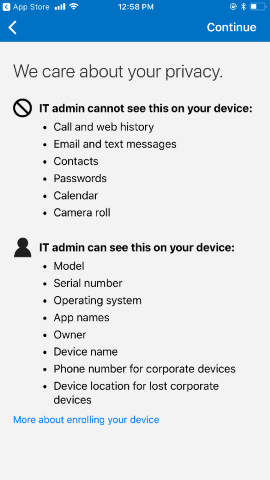 Captura de pantalla que muestra la aplicación del Portal de empresa para i O S / i Pad O S antes de la actualización, información de privacidad.