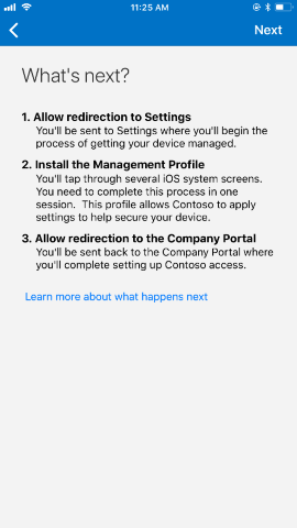 Captura de pantalla que muestra la aplicación del Portal de empresa para i O S / i Pad O S después de la actualización, pantalla What next (¿Qué es lo próximo?)