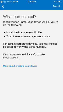 Captura de pantalla que muestra la aplicación del Portal de empresa para i O S / i Pad O S antes de la actualización, pantalla What comes next (¿Qué viene a continuación?)