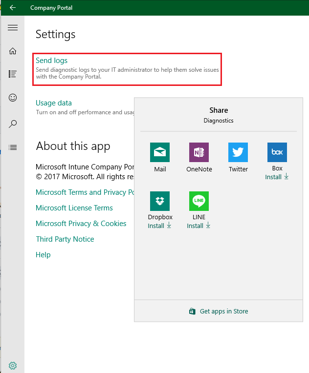 Captura de pantalla que muestra la página Configuración de la aplicación del Portal de empresa para Windows 10 antes de la actualización.