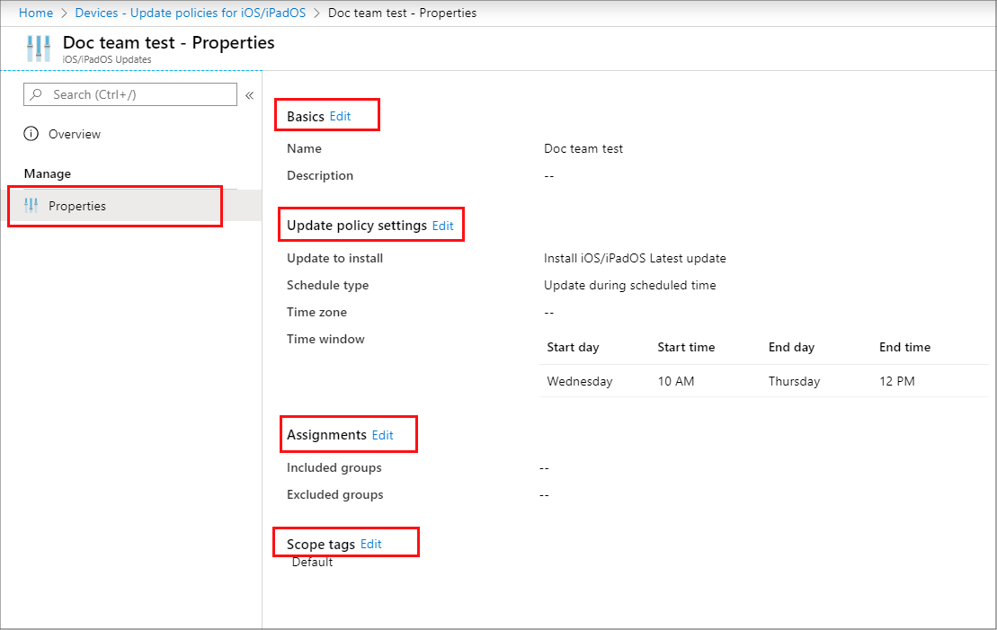 Captura de pantalla que muestra cómo editar una directiva de actualización de software de iOS/iPadOS existente en Microsoft Intune.