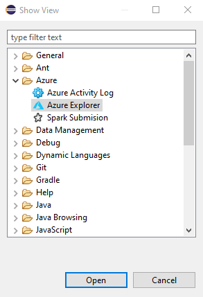 Selección de la opción Azure Explorer.