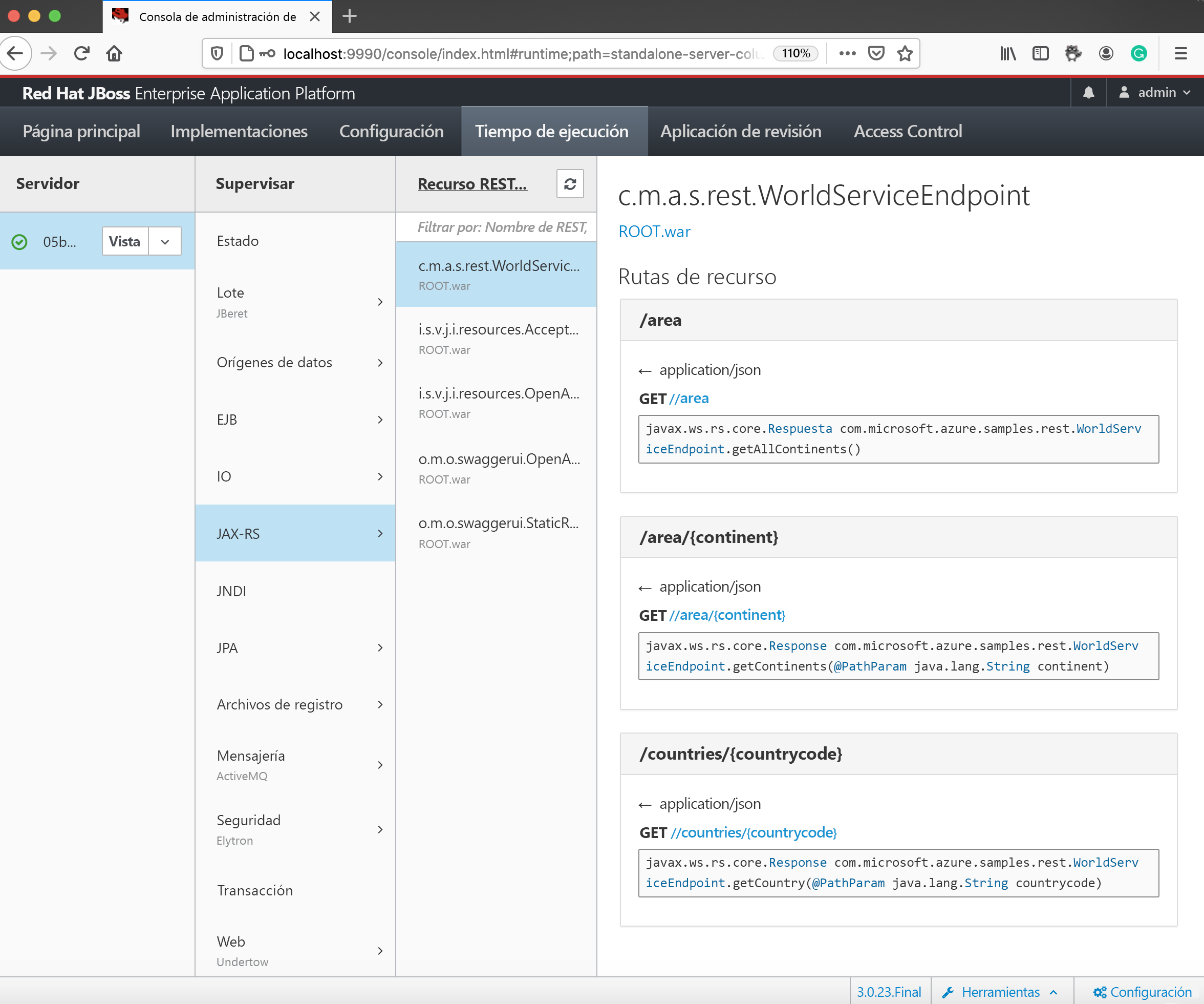 Screenshot that shows RESTful endpoints on the admin console.