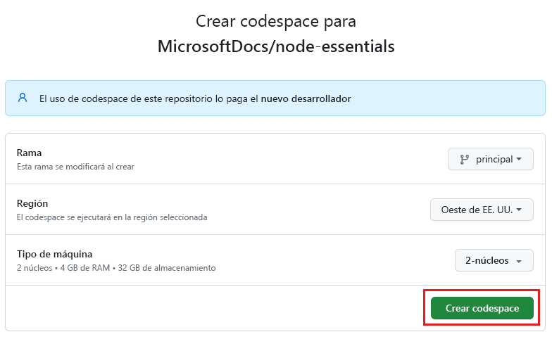 Captura de pantalla de la pantalla de confirmación antes de crear un nuevo codespace.