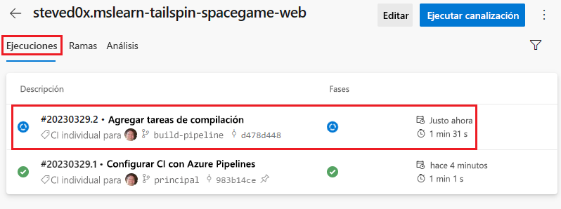 Screenshot of Azure Pipelines showing the run history, including the branch you recently pushed to GitHub.