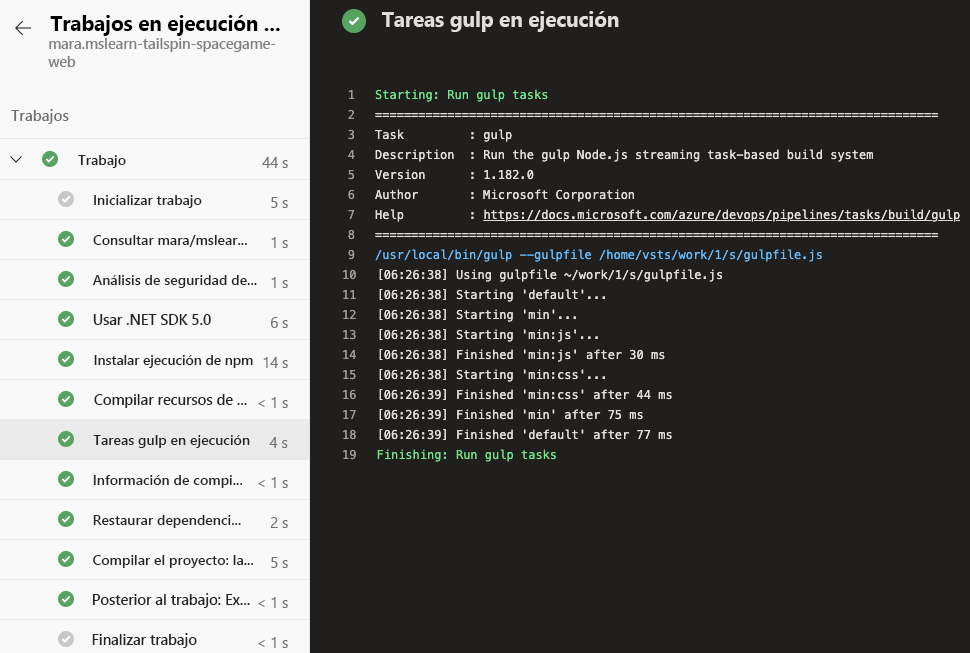 Screenshot of Azure Pipelines showing the complete list of build tasks. The Run gulp task is selected.